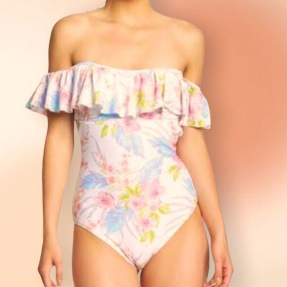 RAISINS Floral Off the Shoulder‎ Floral One Piece Ruffled Swimsuit Med - Picture 1 of 14